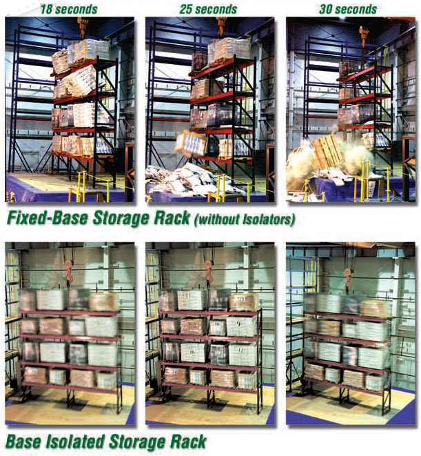 Earthquake test comparison of fixed-base and base-isolated storage racks